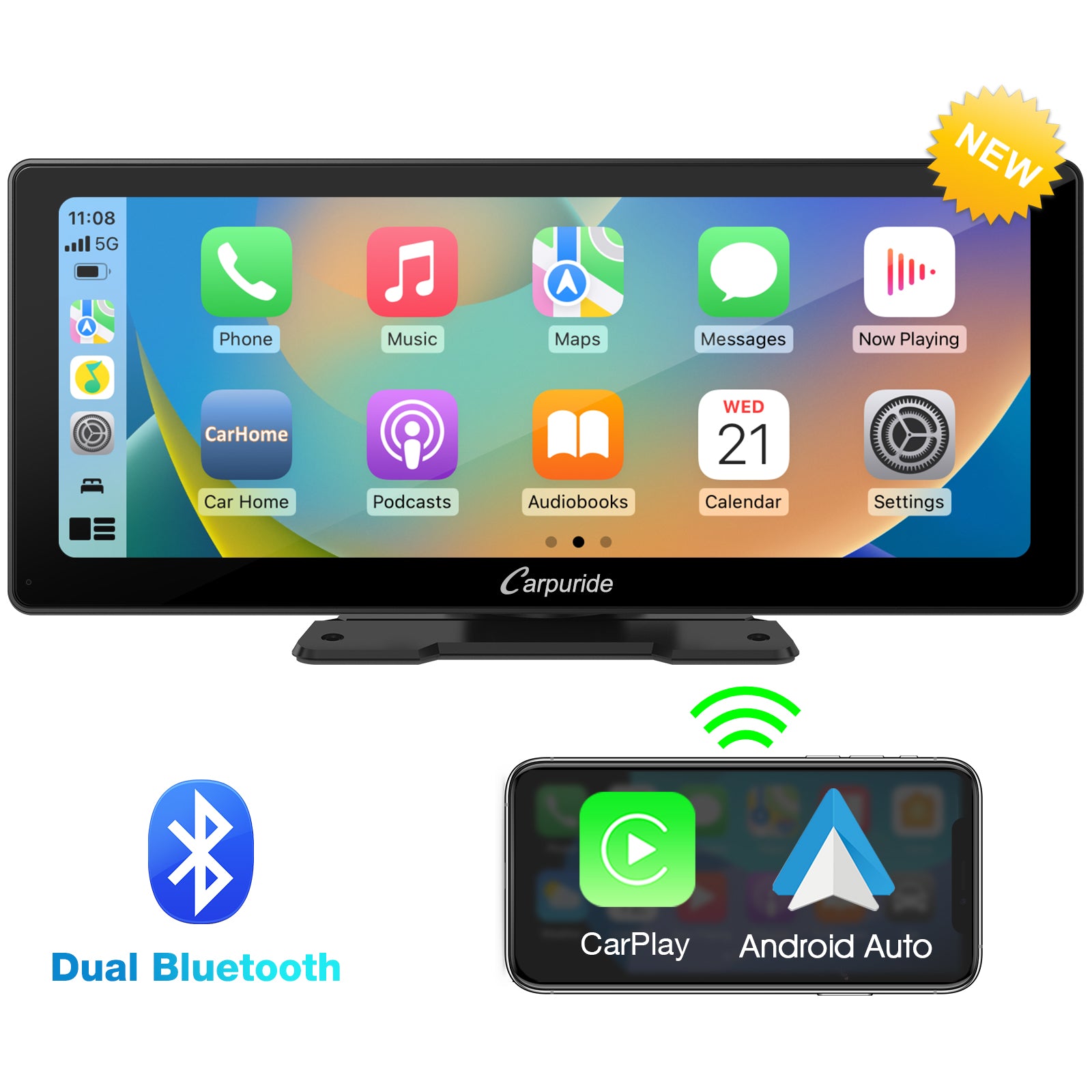 Carpuride W103 2024 Nueva actualización 10,3 pulgadas Pantalla táctil Full  HD Portátil Inalámbrico Apple Carplay Android Auto, Enlace  espejo/Siri/Google/FM