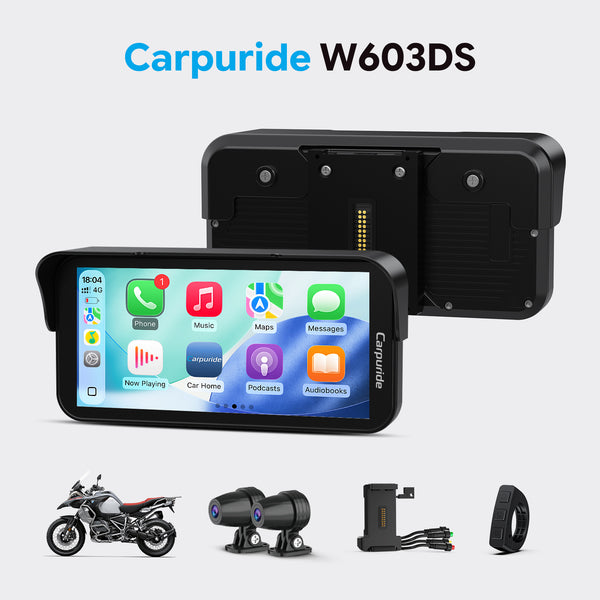 Carpuride W603DS with Optional TPMS | 6-Inch Motorcycle CarPlay | Plug-and-Play BM05 Bracket | Dual Cameras