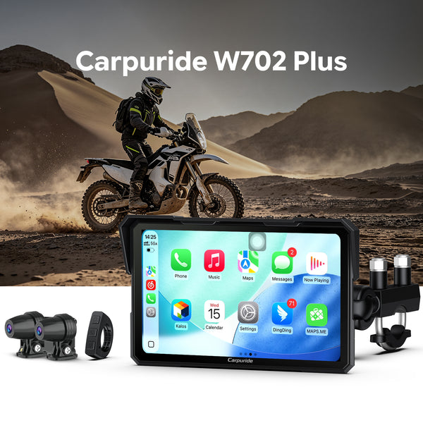 Carpuride W702 Plus Wireless Portable Motorcycle Stereo - Install Apps, Built-in GPS & Dual Cameras