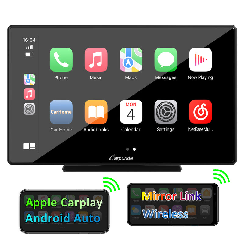 CARPURIDE Wireless Portable Car Stereo, 9 Inch IPS Touch screen, support Carplay/ Android Auto/ Google and Siri Assistant / GPS/ Mirror link/ Bluetooth/ FM/ Light-sensing/ EQ effect