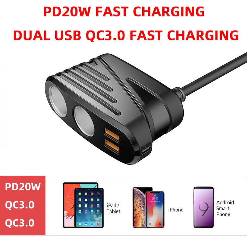 CARPURIDE Car charger mobile phone charger cigarette lighter dispenser with 2USB ports dual QC3.0 fast charging 20W USB-C Type-C charging