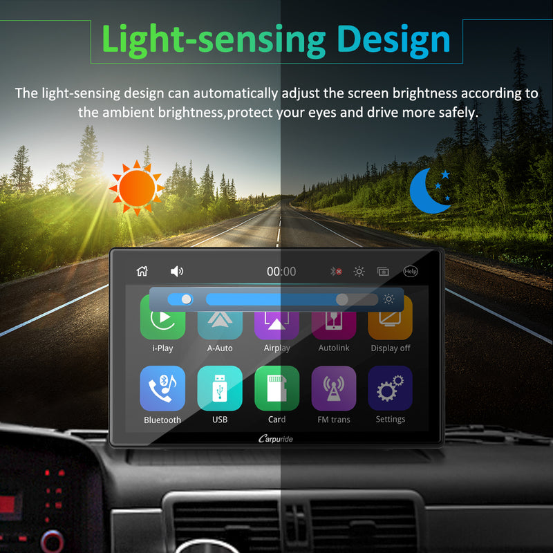 CARPURIDE Wireless Portable Car Stereo with Light-Sensitive,Dual 4Ω3W speakers, 9 Inch IPS Touchscreen Car Radio Receiver Works with Carplay/Android Auto/Mirror Link/Bluetooth/Google/Siri/WiFi/GPS Navigation