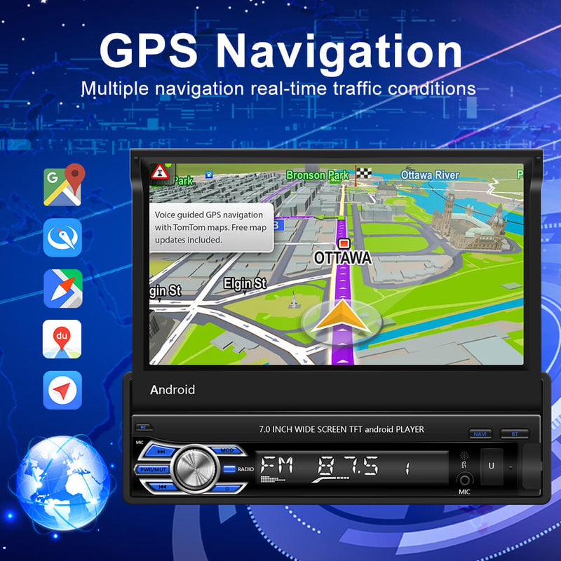 CARPURIDE 1Din Android 10.1 Car Radio Autoradio 7'' Retractable Touch Screen Car Video Stereo GPS Navigation Wifi USB