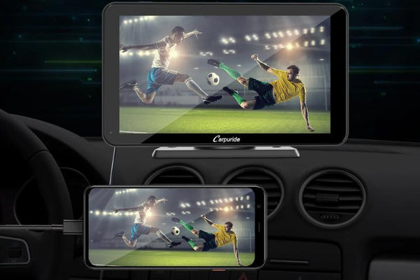 A carpuride portable car screen is playing a football racing video