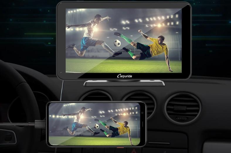 A carpuride portable car screen is playing a football racing video