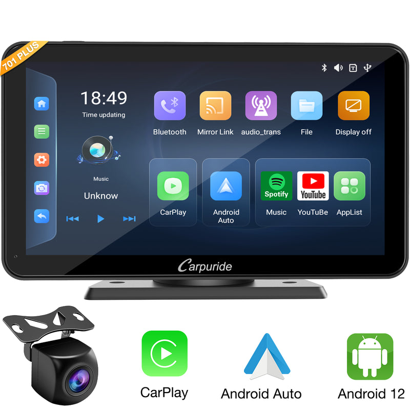 CARPURIDE W701 Plus Portable Wireless Car Stereo with Backup Camera, Support Install Apps