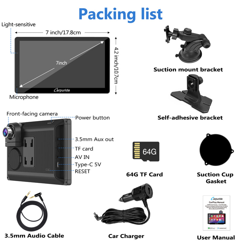 packing list: car radio, car charger, mount brackets, etc.