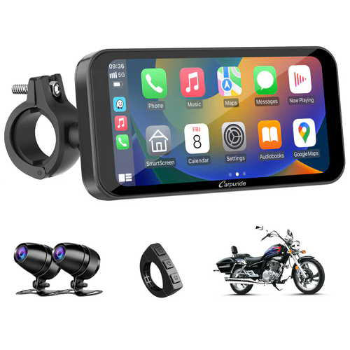 Carpuride W603D Wireless Portable Motorcycle Stereo with HD 1080P Dual Cameras