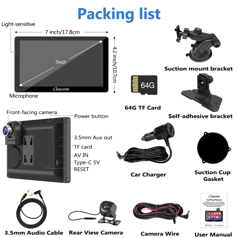 packing list: car radio, rear view camera, car charger, mount brackets, etc.