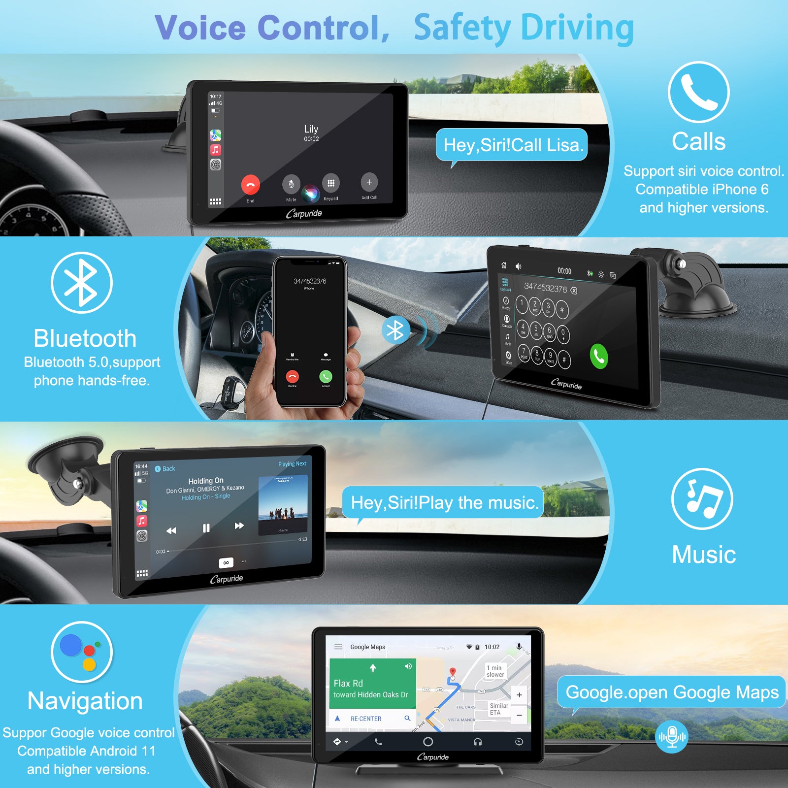 CARPURIDE C3 Portable Smart Multimedia Dashboard Console with Detachab