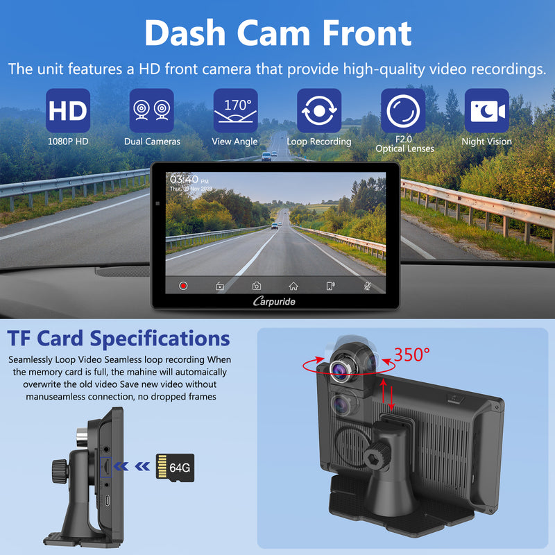 dashcam front, HD 350 degree rotatable side camera & 64G TF card offers better experience