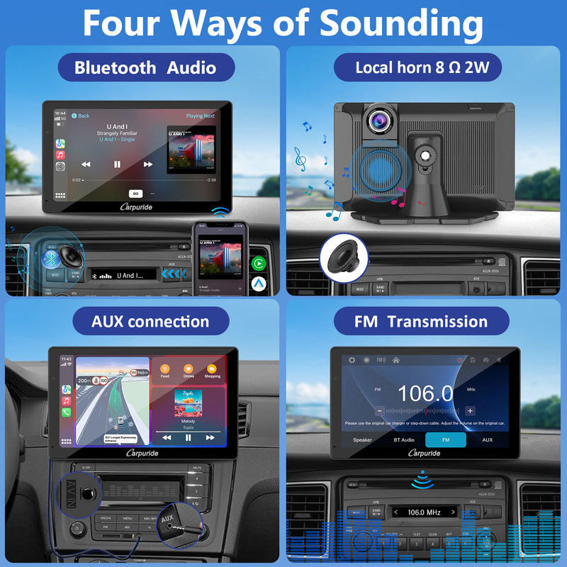 4 ways of sounding: bluetooth audio, local horn, aux connection, FM transmission