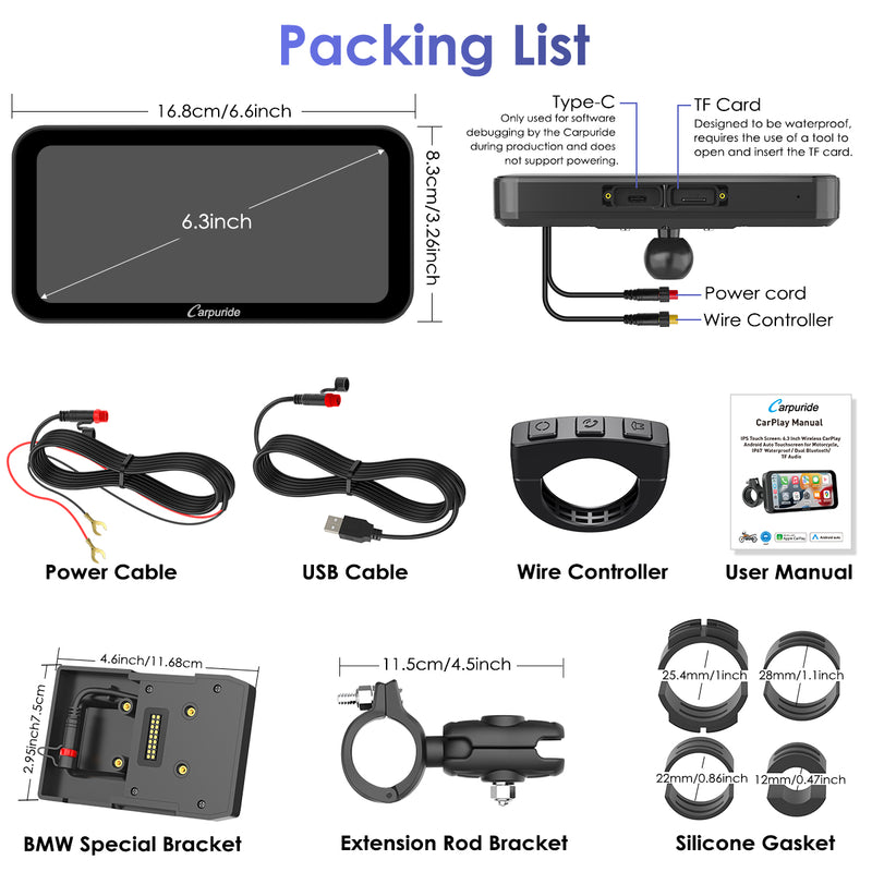 packing list: carplay screen, 2 power cables, user manual, BMW and ring brackets, wired controller
