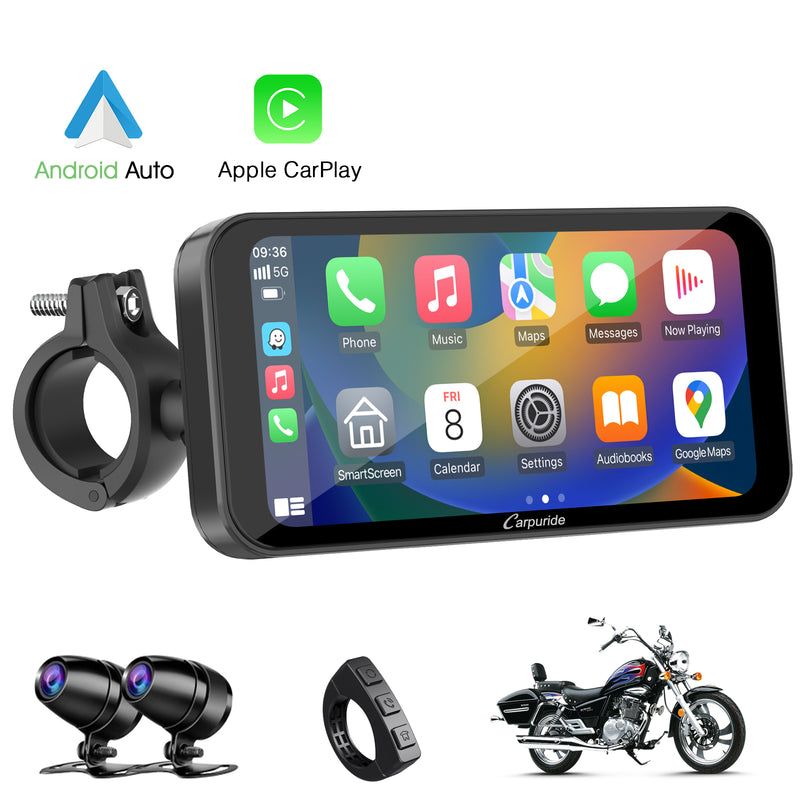 Carpuride W603D Wireless Portable Motorcycle Stereo with HD 1080P Dual Cameras