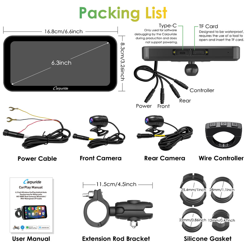 packing list: carplay screen, power cable, user manual, ring bracket,front & rear camera, wired controller