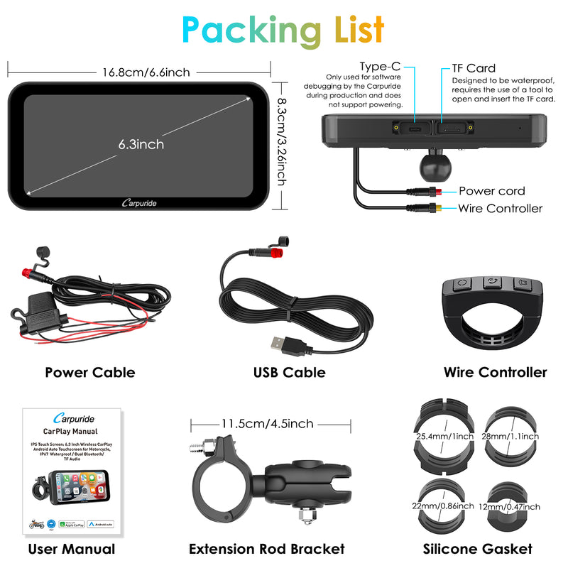 packing list: carplay screen, 2 power cable, user manual, ring bracket, wired controller