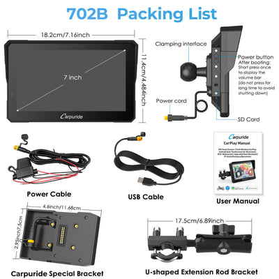 Carpuride W702B/W502B Wireless CarPlay Motorcycle Stereo | IP67