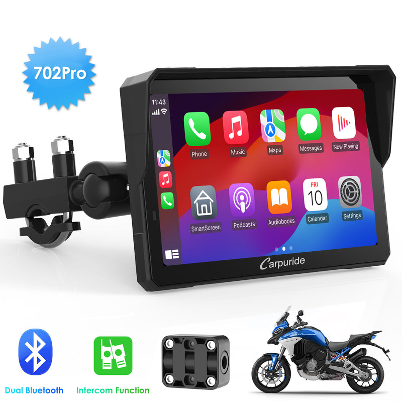 Carpuride W702 Pro Wireless Portable Upgraded Dual Bluetooth Waterproof IP67 Motorcycle Stereo, with Intercom function,  Compass/Barometer