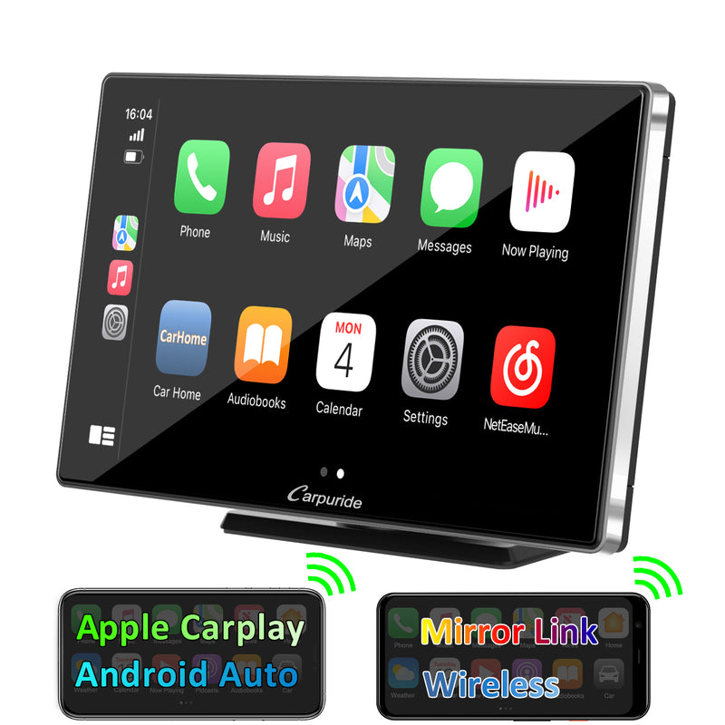 CARPURIDE Wireless Portable Car Stereo, support Google and Siri Assistant, 9 Inch IPS Touch screen, Car Radio Receiver with Carplay/ Android Auto/GPS /Mirror link/Bluetooth/FM/Light-sensing/EQ effect，Silver Frame