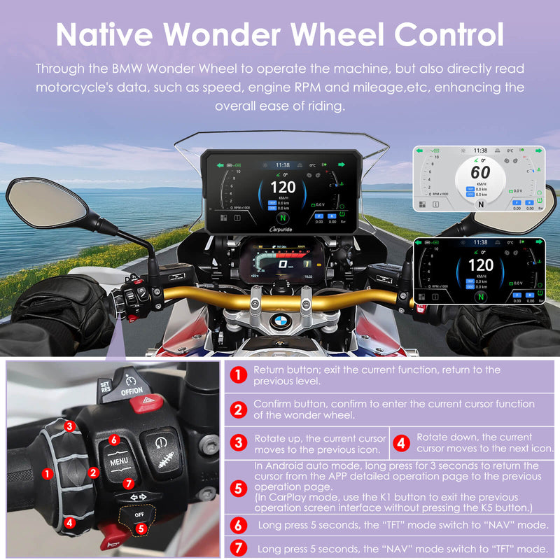 Pre-Order: Carpuride W602BS 6" Motorcycle Stereo-Designed for BMW Motorcycle Compatibility with Wonder Wheel Control