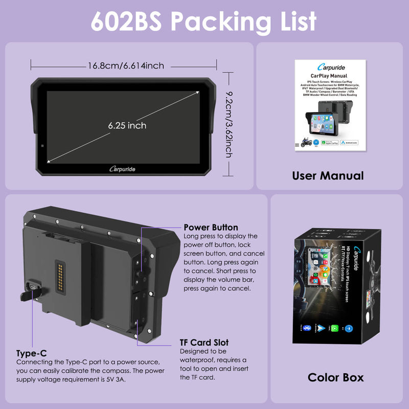 Pre-Order: Carpuride W602BS 6" Motorcycle Stereo-Designed for BMW Motorcycle Compatibility with Wonder Wheel Control