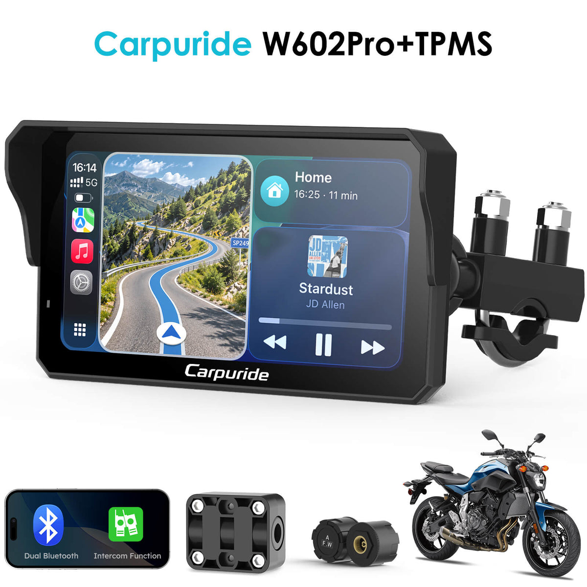 Carpuride W602 Pro Wireless Motorcycle Stereo with Optional TPMS | Dua