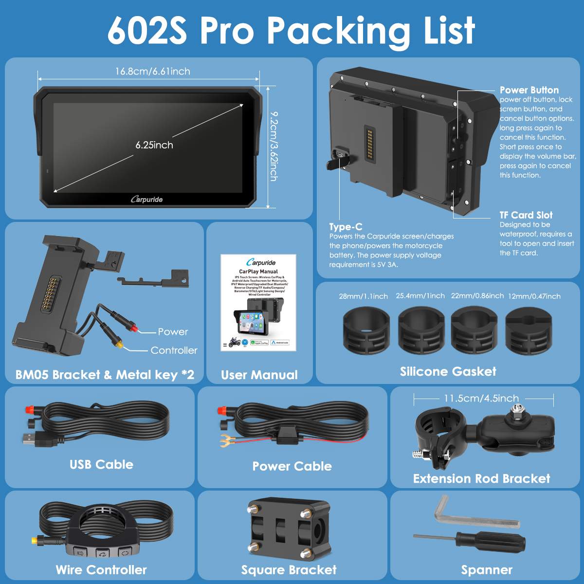 W602S Pro 6-Inch Motorcycle CarPlay | Plug-and-Play BM05 Bracket