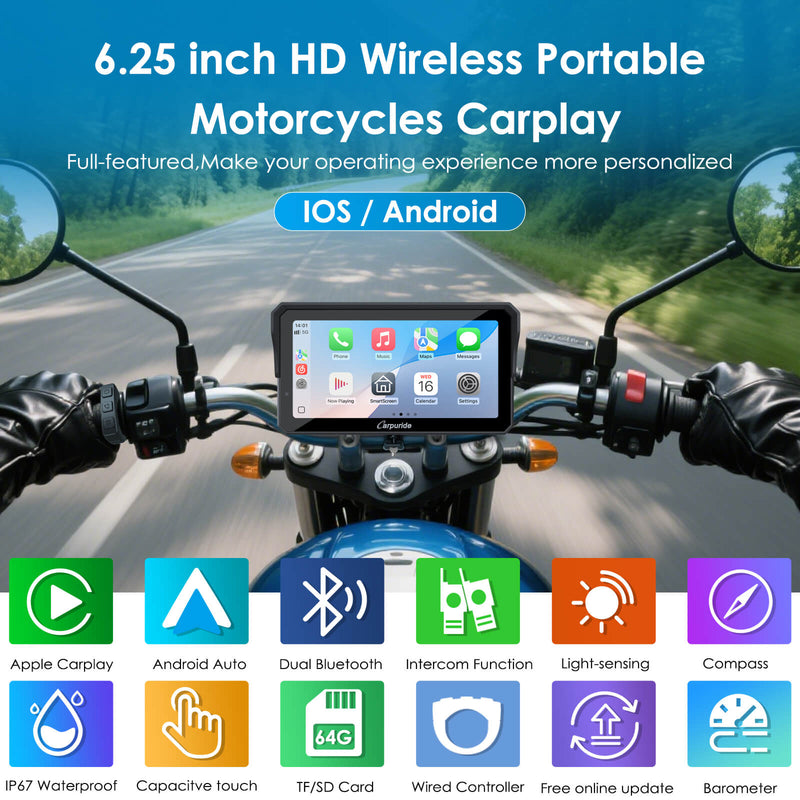 Pre-Order: Carpuride W602S Pro– Plug-and-Play Motorcycle Stereo with Easy-Mount & Removal Bracket, Styled Like a Navigation Bracket