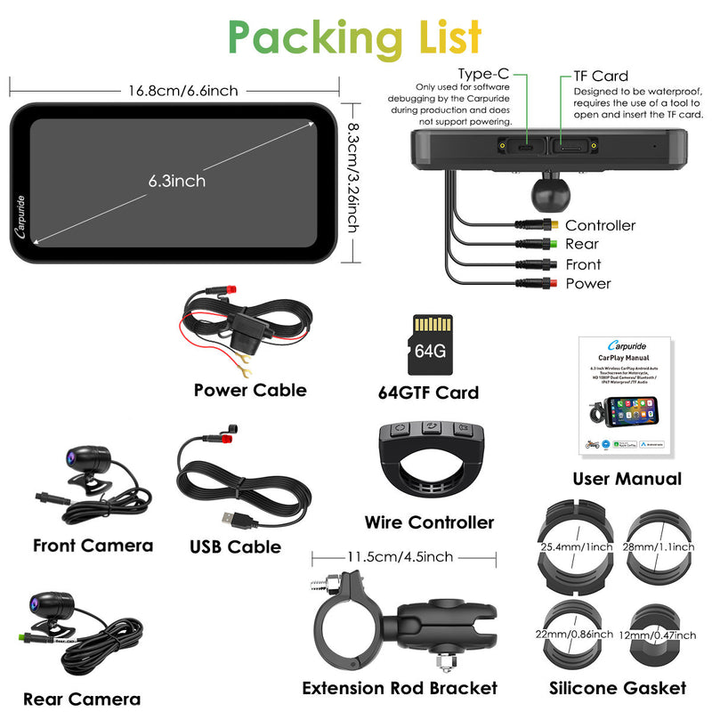 Carpuride W603D Wireless Portable Motorcycle Stereo with HD Dual Cameras