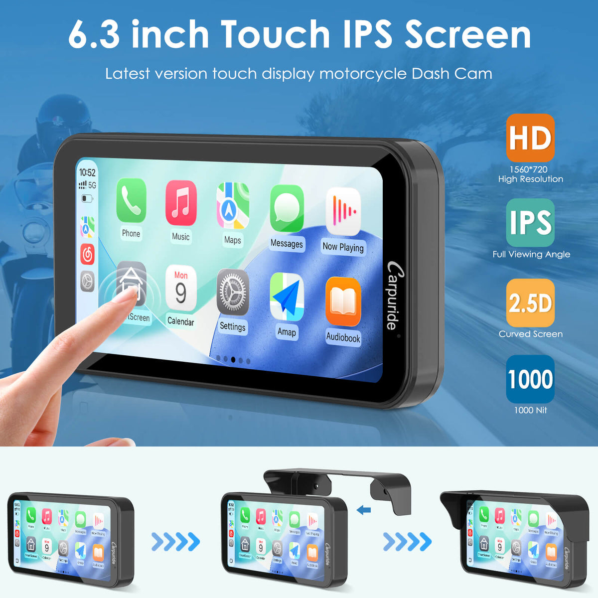 Carpuride W603DS with Optional TPMS | 6-Inch Motorcycle CarPlay | Plug