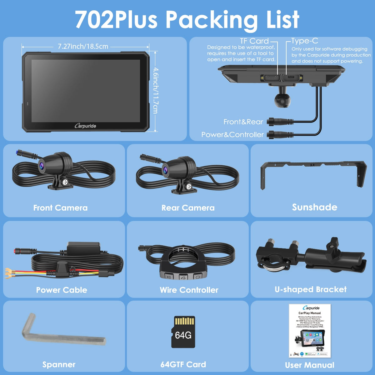 W702 Plus Motorcycle Stereo - Install Apps, Built-in GPS, Dual