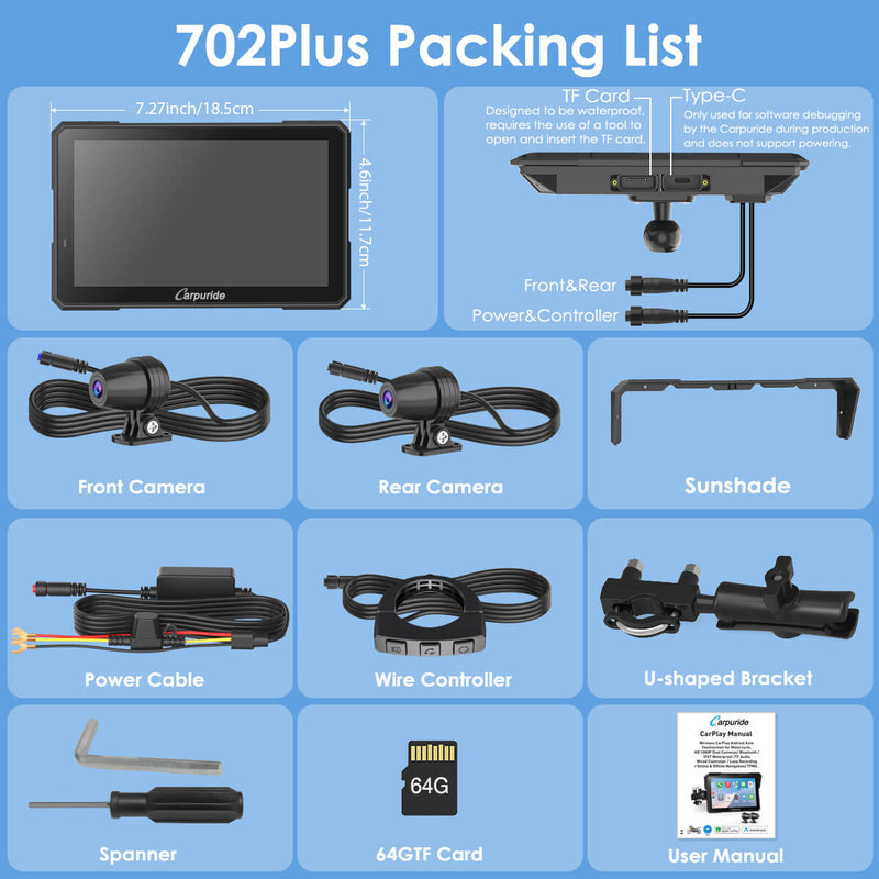 Pre-Order: Carpuride W702 Plus Wireless Portable Motorcycle Stereo with 4+64G Android System&HD Dual Cameras, Built-in GPS Module