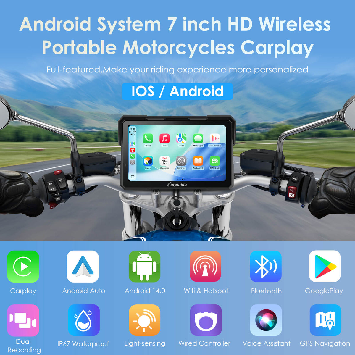 W702 Plus Motorcycle Stereo - Install Apps, Built-in GPS, Dual