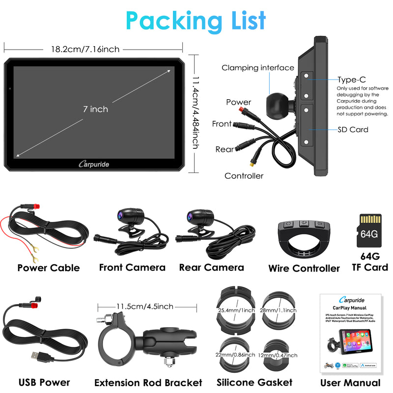 Carpuride W712D Rotatable Motorcycle Stereo with GPS Navigation & Dash Cam