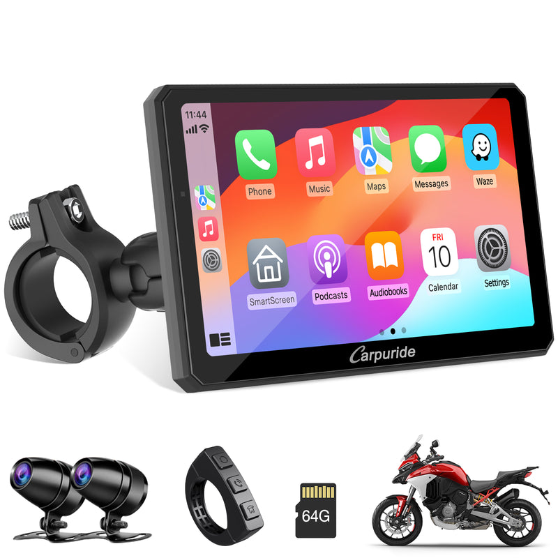 Carpuride W712D Rotatable Motorcycle Stereo with GPS Navigation & Dash Cam