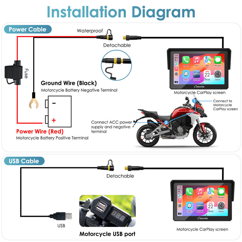 Carpuride W502 Pro Wireless Portable Upgraded Dual Bluetooth Waterproof IP67 Motorcycle Stereo, with Intercom function, Compass/Barometer