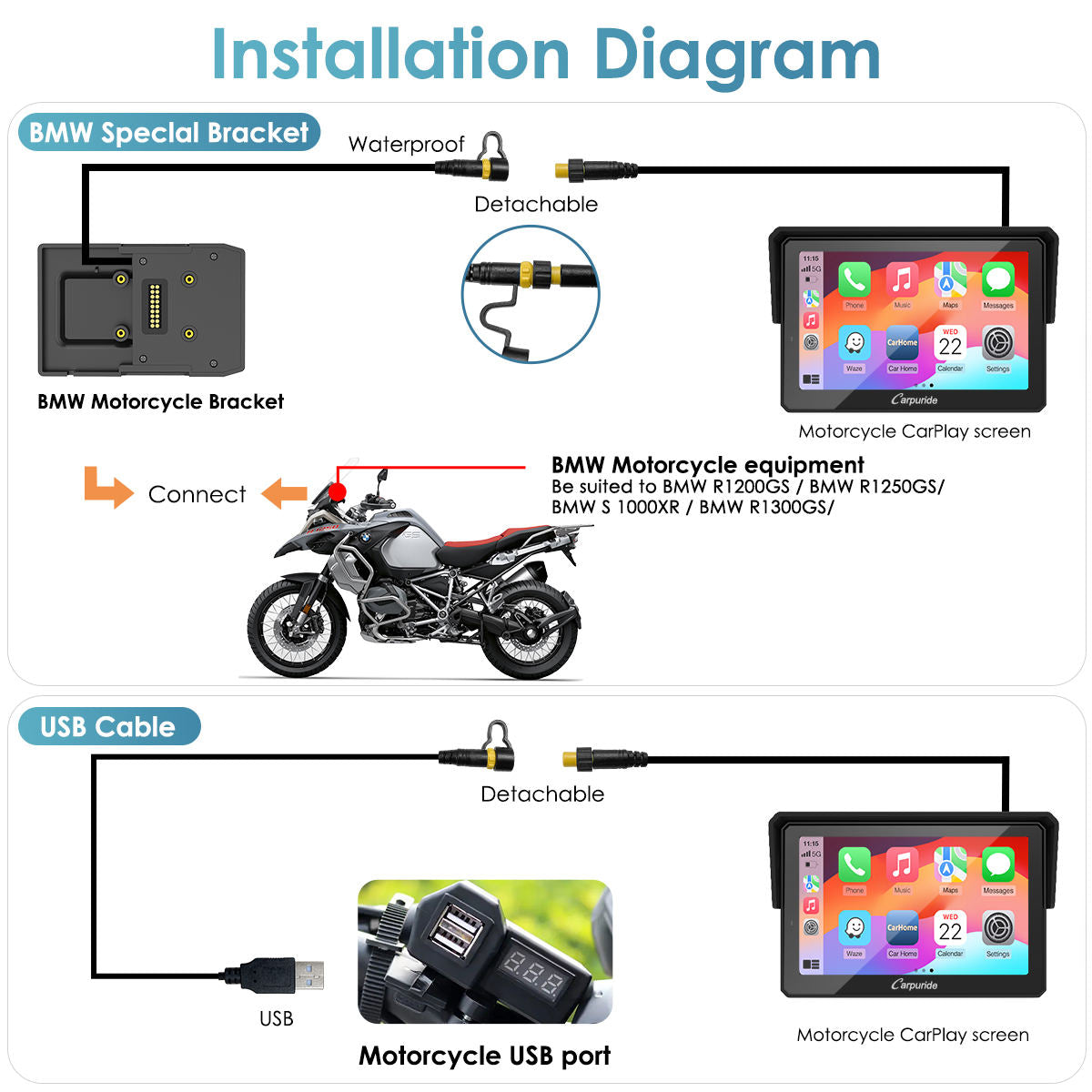 Carpuride W502B Pro Wireless Portable Upgraded Dual Bluetooth Waterproof IP67 Motorcycle Stereo, with Intercom function, Compass/Barometer, BMW Carpuride W502B Pro Wireless Portable Upgraded Dual Bluetooth Waterproof IP67 Motorcycle Stereo, with Intercom function, Compass/Barometer, BMW