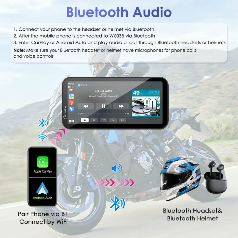 Carpuride W603B Wireless Portable Motorcycle Stereo Compatible Navigation Bracket