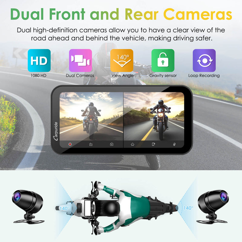 Carpuride W603D Wireless Portable Motorcycle Stereo with HD Dual Cameras