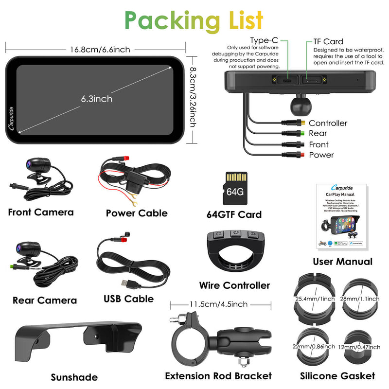Carpuride W603D Wireless Portable Motorcycle Stereo with HD Dual Cameras