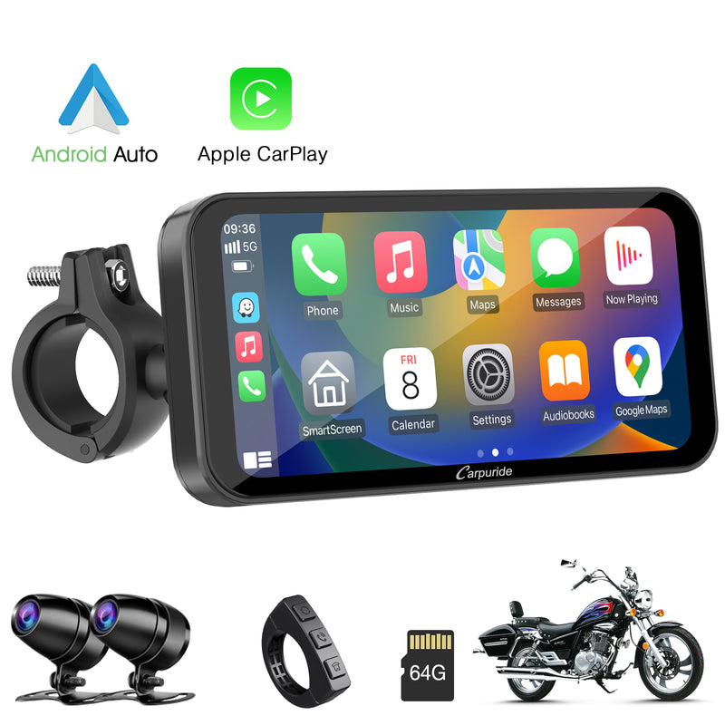 Carpuride W603D Wireless Portable Motorcycle Stereo with HD Dual Cameras