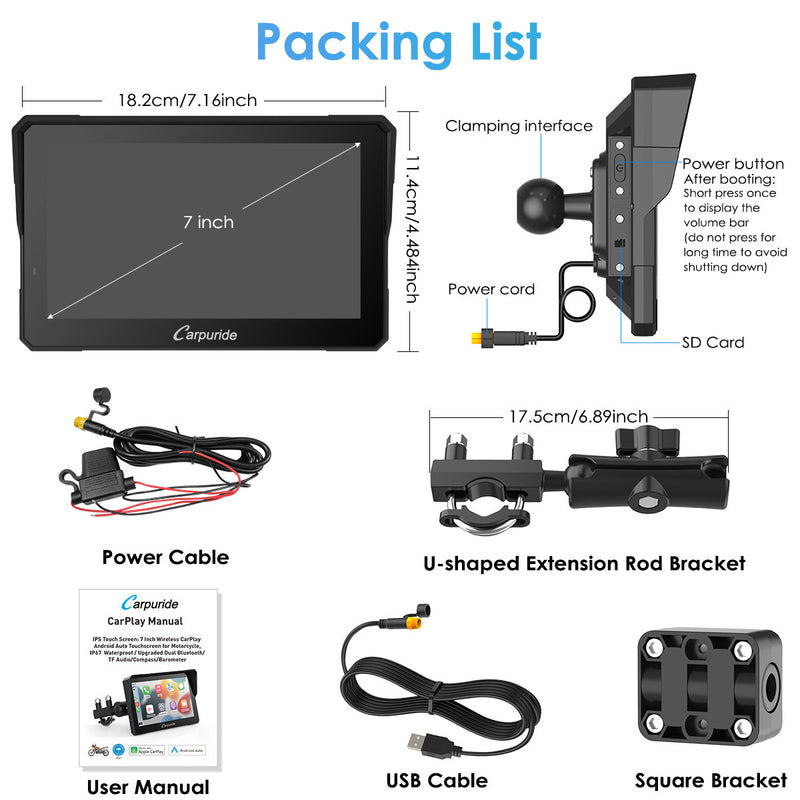 Carpuride W702 Pro with TPMS Option | Wireless Portable Motorcycle Stereo Featuring Dual Bluetooth, Intercom, Compass & Barometer