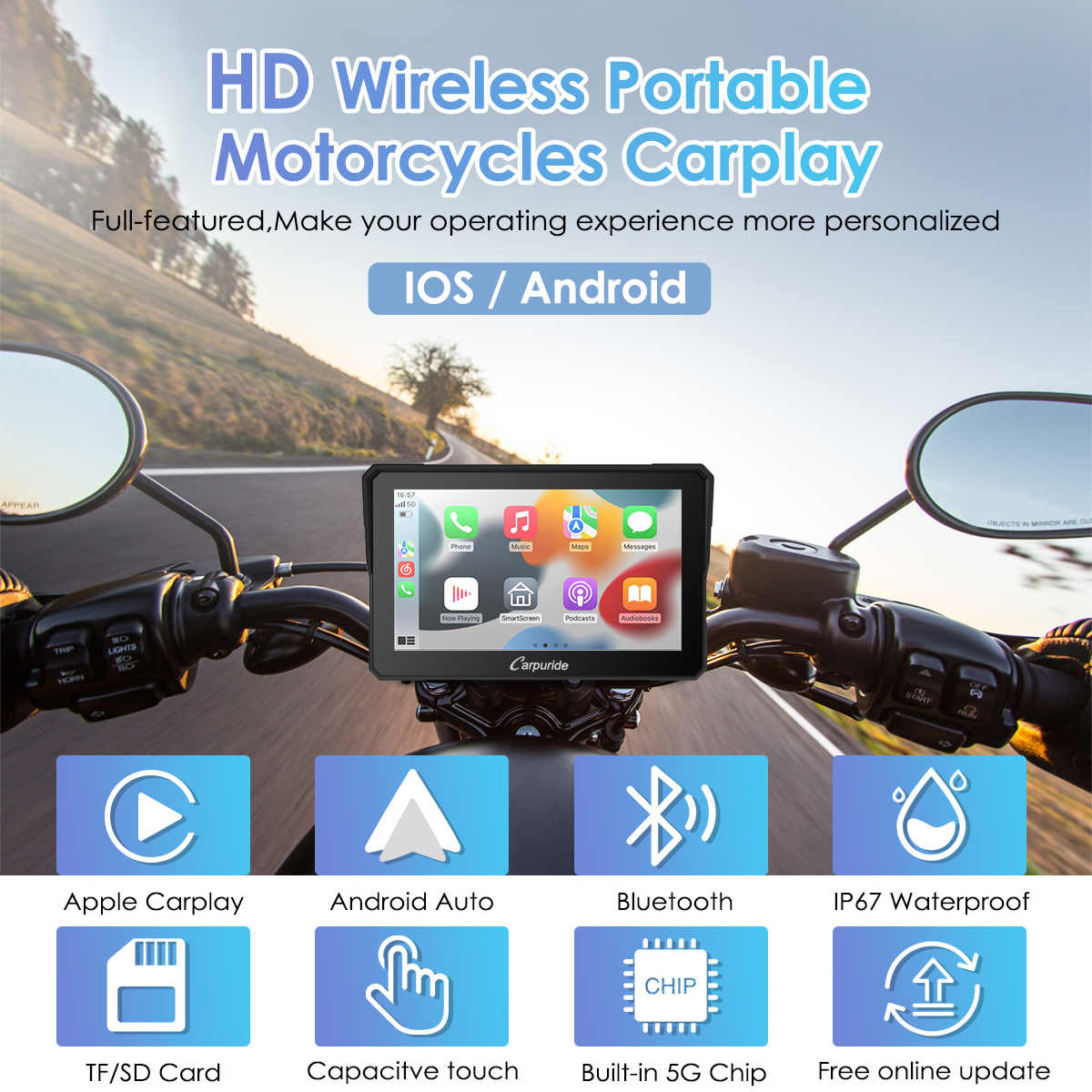Carpuride W702 7" Motorcycle Stereo - Wireless Apple Carplay & Android Auto, IP67