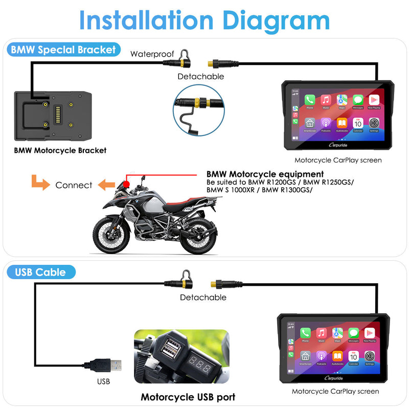 Carpuride W702B Pro Wireless Portable Upgraded Dual Bluetooth Waterproof IP67 Motorcycle Stereo, with Intercom function, Compass/Barometer, BMW Motorcycles Bracket