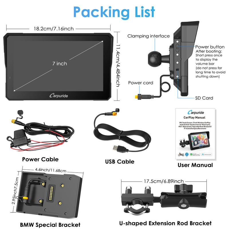 Carpuride W702B Pro Wireless Portable Upgraded Dual Bluetooth Waterproof IP67 Motorcycle Stereo, with Intercom function, Compass/Barometer, BMW Motorcycles Bracket