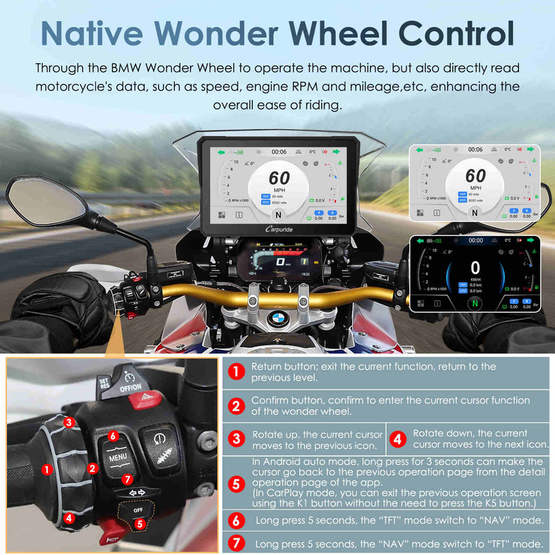 Carpuride W702BS/502BS BMW Motorcycle Stereo with Wonder Wheel Control & TPMS Support