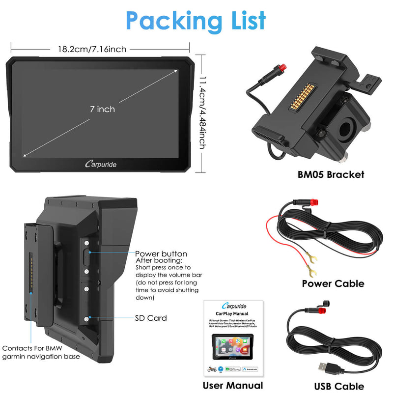 Carpuride W702S motorcycle stereo with universal mounting bracket BM05 - similar to BMW Motorrad navigation base