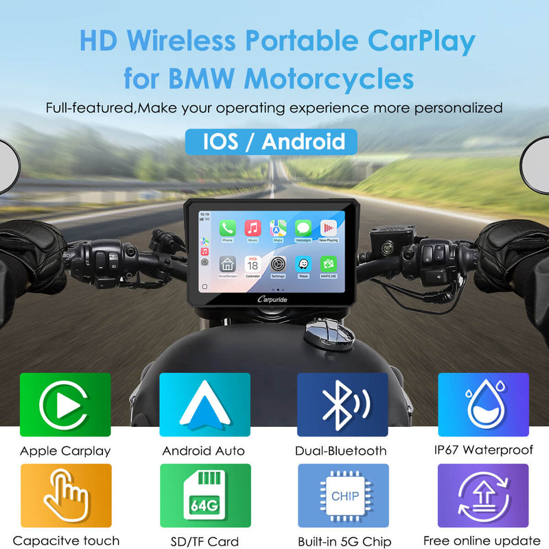 Carpuride W702S motorcycle stereo with universal mounting bracket BM05 - similar to BMW Motorrad navigation base