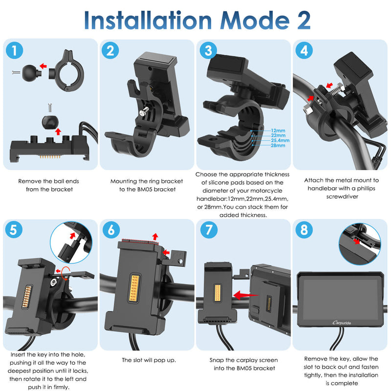 Carpuride W702S motorcycle stereo with universal mounting bracket BM05 - similar to BMW Motorrad navigation base