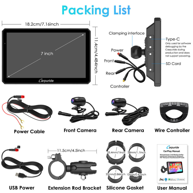 Carpuride W712D Motorcycle Stereo with GPS Navigation & Dash Cam